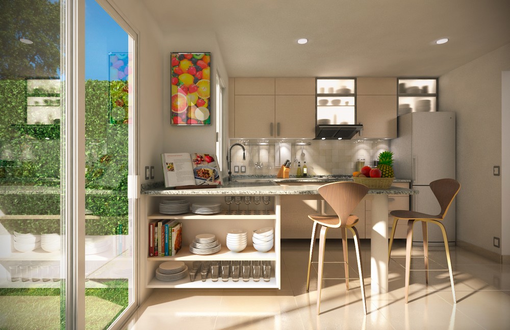 Imagen render de un interior de cocina, cocina moderna, diseño de cocina, servicios de arquitectos, planos de casas, diseño de casas 