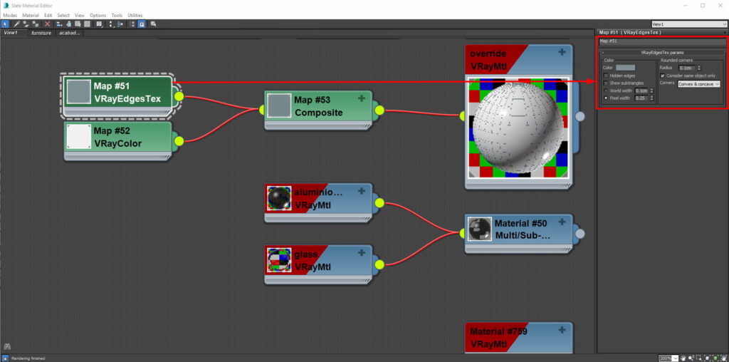 captura de pantalla: vrayedges material utilizado en el composite de nuestro material principal vray para nuestra maqueta virtual de 3ds max