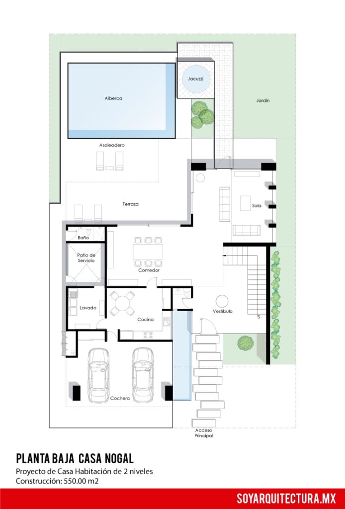 Plano de planta baja de casa de dos pisos moderna