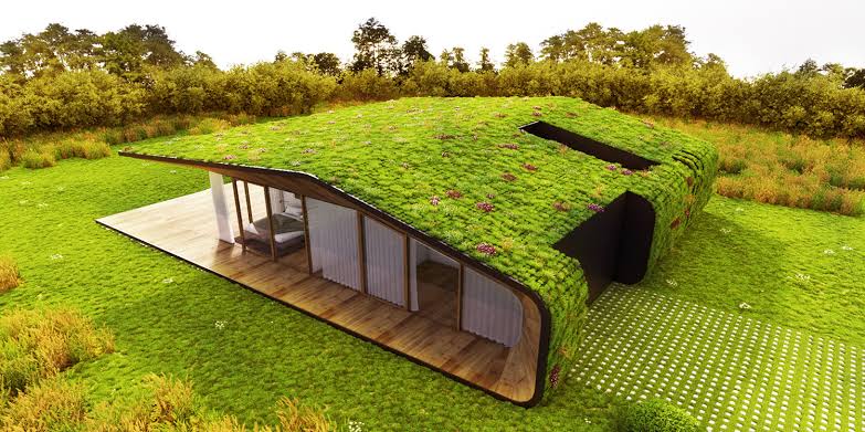 Una casa con techo verde 