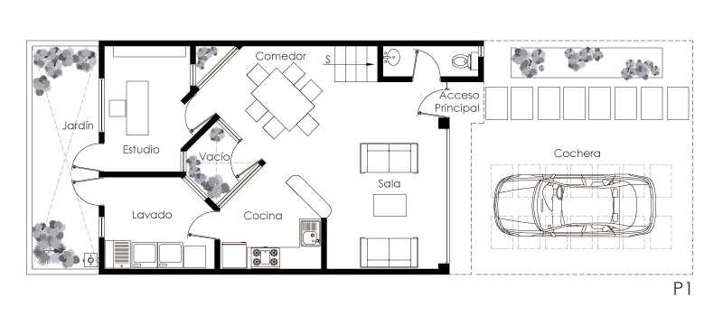 Plano de casa pequeña de dos pisos, con cochera y 2 recámaras. Diseño de planos de casa moderna.