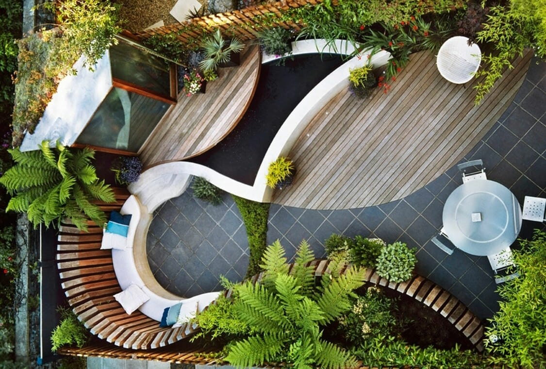 Diseño de jardines modernos. terraza de descabnso