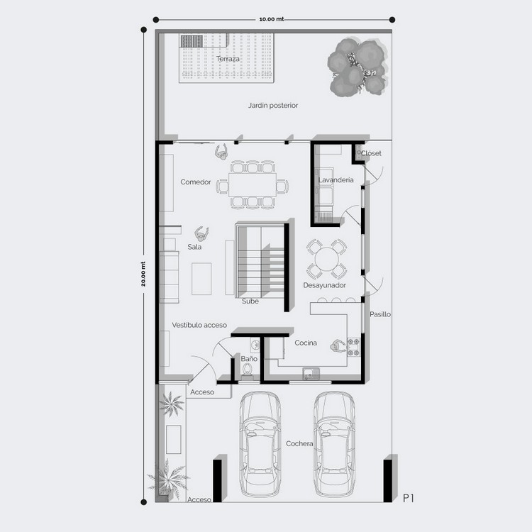 Planos de casa planta baja con cochera, sala, comedor y cocina