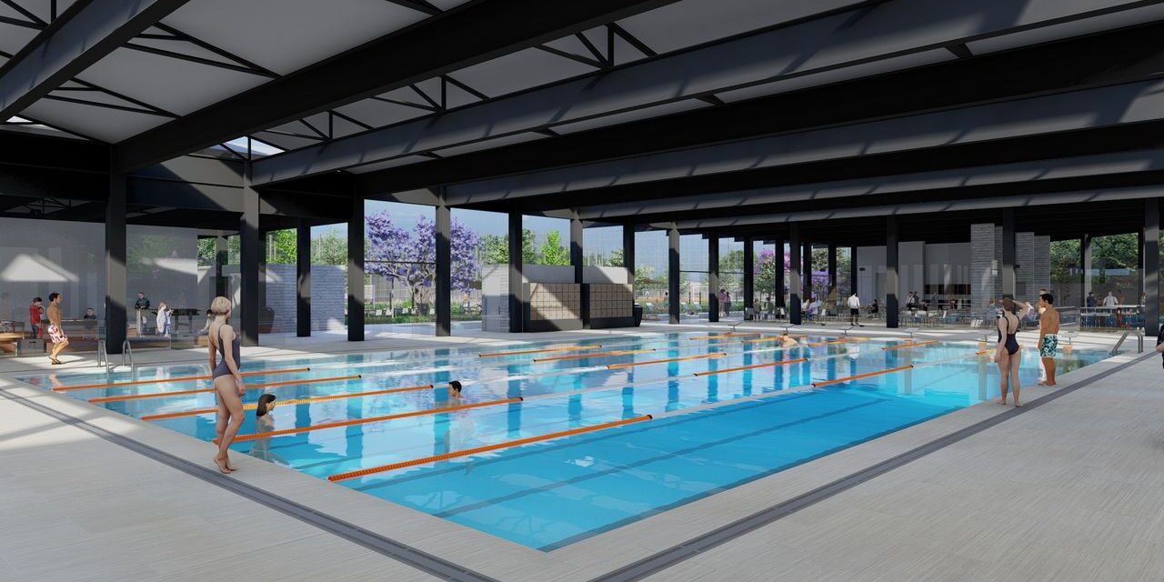 Render diseño de interiores unidad deportiva con alberca
