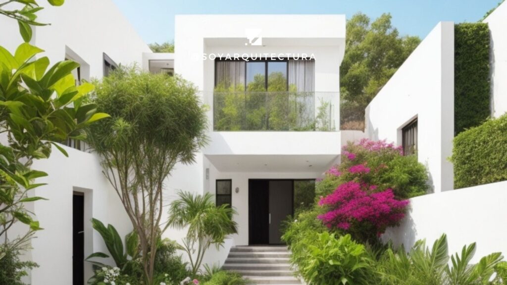 Fachada de casa minimalista moderna en color blanco con flores 