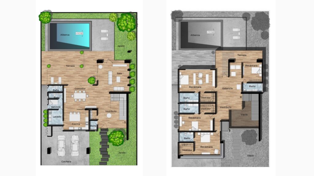 Planos de casa de 4 dormitorios de 2 pisos con cochera y piscina.