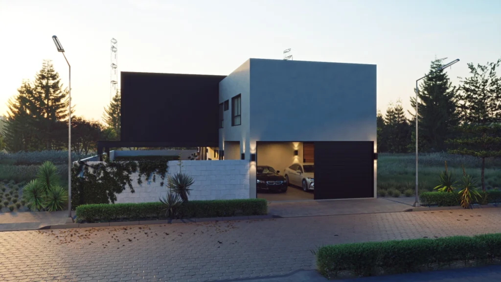 Render de casa moderna residencial con iluminación exterior y cochera para dos autos.