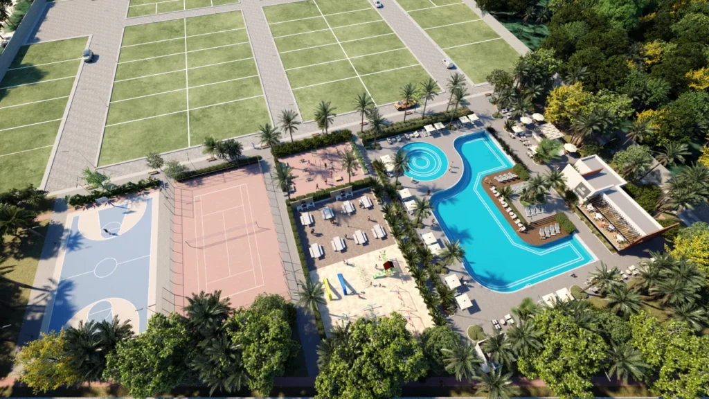 Vista aérea del diseño de fraccionamiento Boca Chica con albercas, canchas deportivas y áreas verdes recreativas.